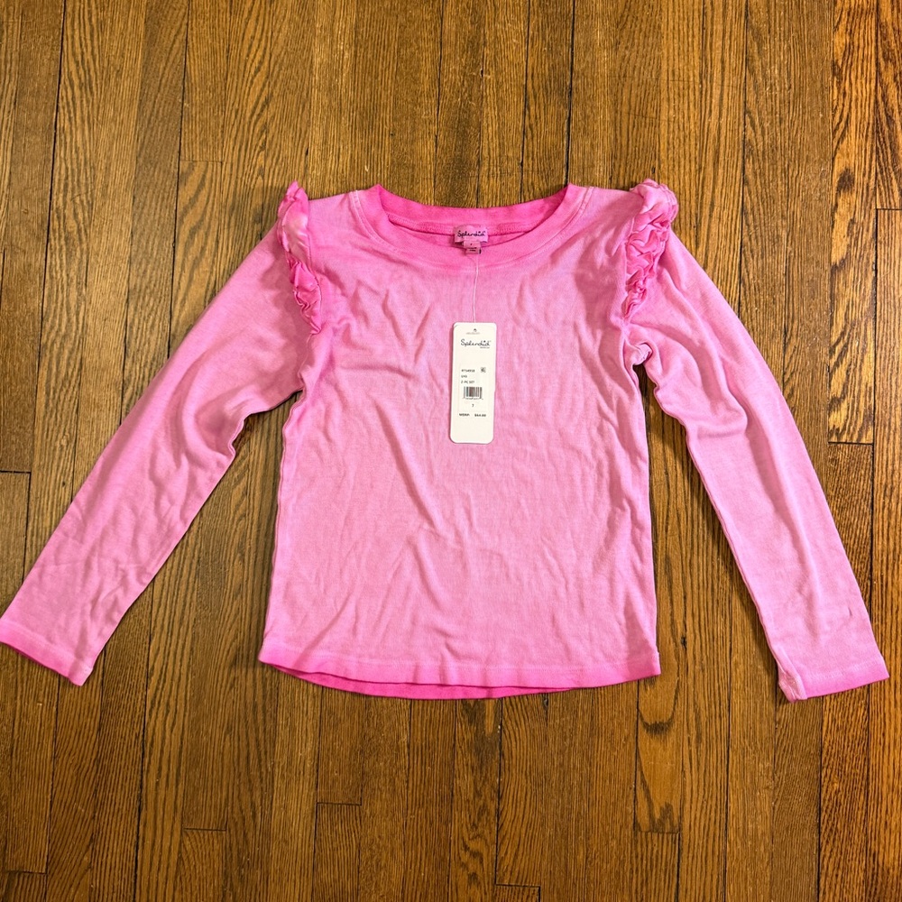 Splendid Girls Pink Ruffle Shoulder Long Sleeve Ribbed Knit Top Size 7 NWT